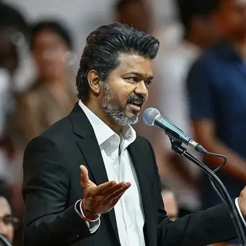 tamil nadu cm vijay black white suit political style